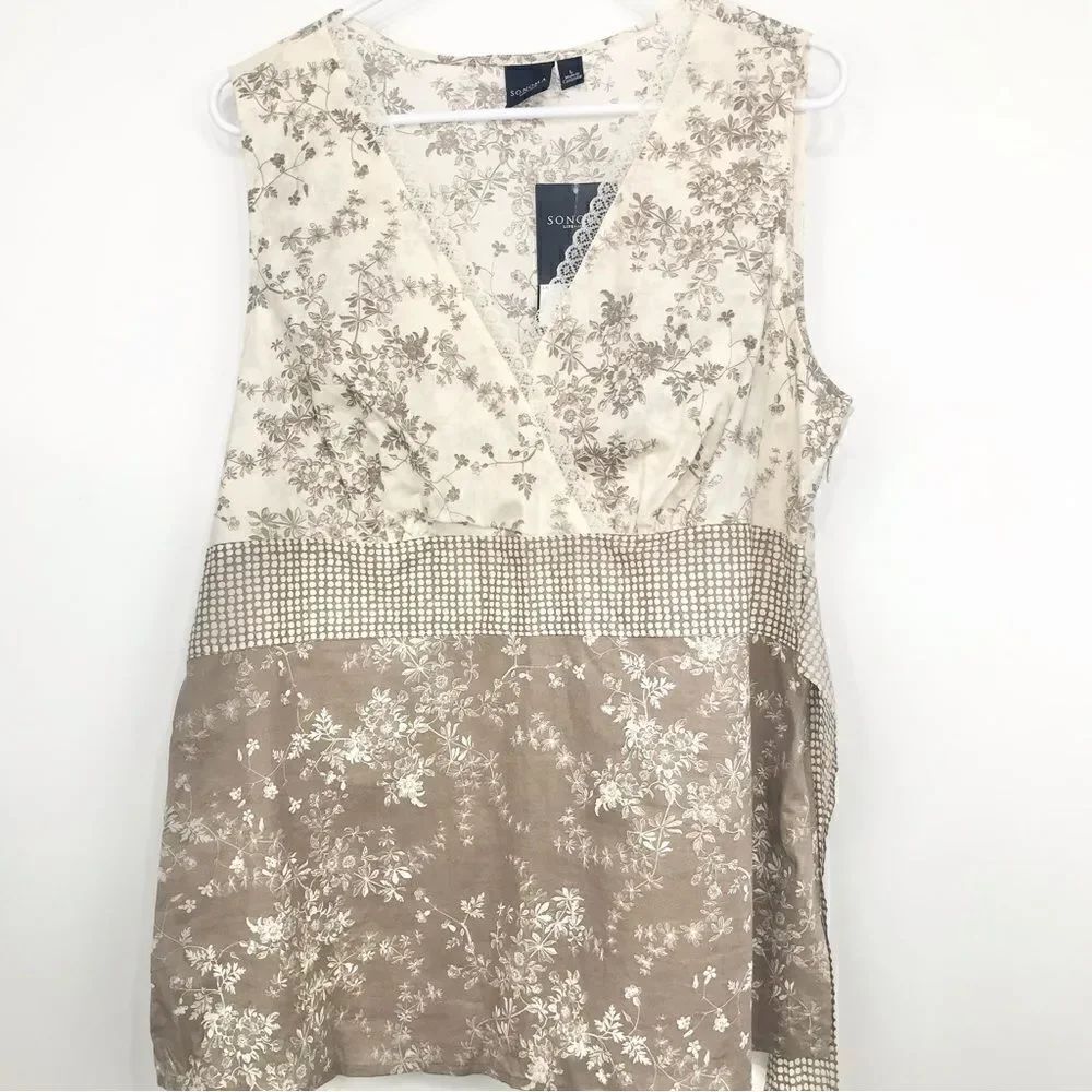Sonoma NEW Tan Cream Contrast Floral Print Sleeveless Cottagecore Blouse